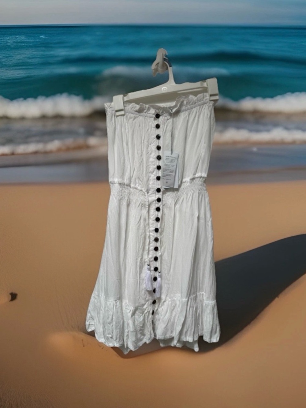 NWT Tiare Hawaii Beachy Boho Wedding Coconut Button-Front Tassel Tie Dress OS